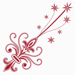Dynamic red vector flourish with a prominent fleur de lis design, featuring elegant swirls and a trailing element with bursting star shapes, isolated on a clean white background. © Sobur