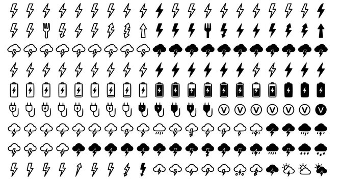 Thunder and lightning icon collection with electric energy and power symbols vector illustration