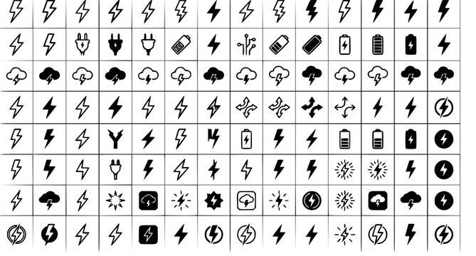 Lightning and thunder icon set with electric energy and thunderbolt symbols vector
