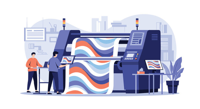 Two professional workers operate a large format digital printing machine that produces colorful wavy patterns in a modern industrial setting.