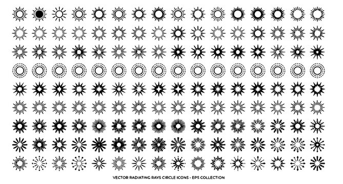 Radiating rays circle icon set with sunburst and energy symbols vector illustration