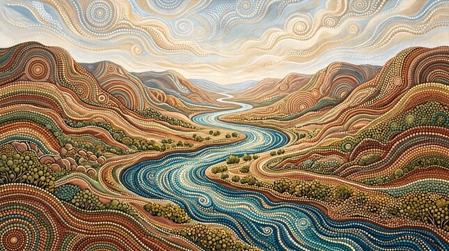 Flowing Earth Patterns with River Dot Art, Abstract Nature-Inspired Mandala and Pointillism Design
