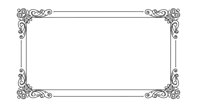 Elegant rectangular frame features intricate black scrollwork ornaments at each corner and double line borders on a white background.