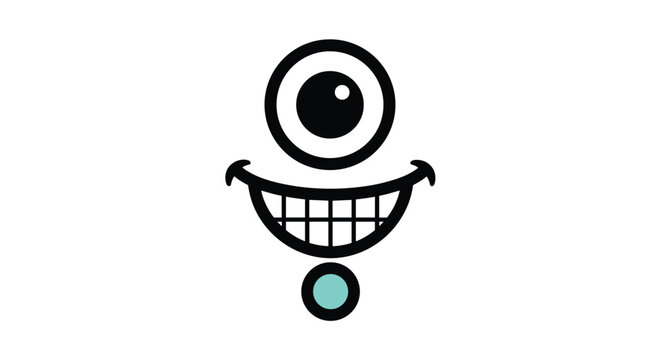 Whimsical cyclops face with a large single eye and a wide toothy smile showing joy in a simple bold line art design on white.