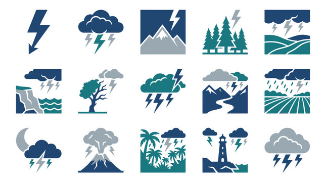Vector icon set of thunderstorm and lightning weather conditions
