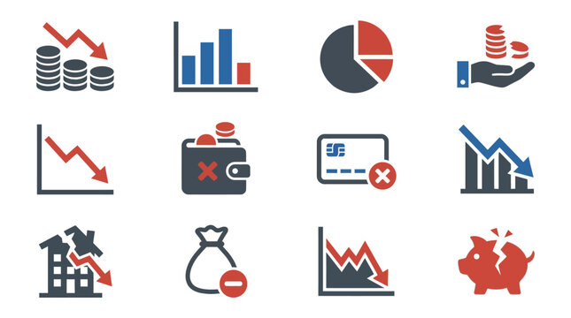A set of vector icons represents financial crisis and decline