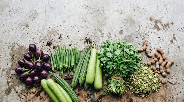 Farm Fresh Indian Produce Flat Lay with Organic Vegetables, Greens and Tamarind on Textured Concrete