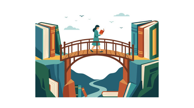 A person walking across a bridge made of books while reading.