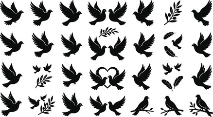 Obraz premium Peace Dove Silhouette Vector Element Set with Flying Birds, Olive Branch Twigs, Feathers, Heart Shapes, and Perched Pigeons for Wedding Graphic Designs