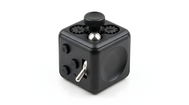 Black fidget cube toy with various tactile sensory features isolated on white background