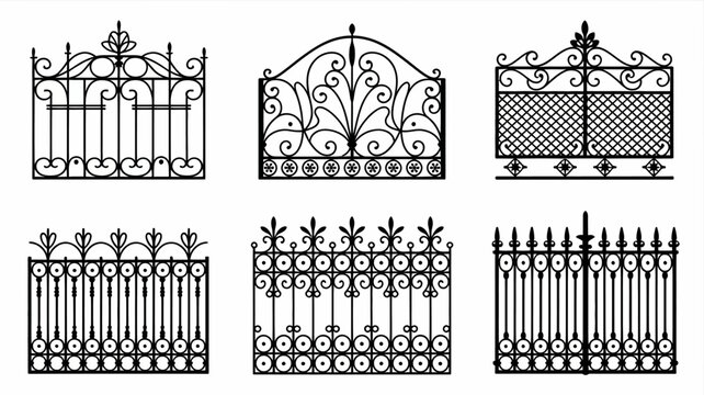 Vector illustration of ornate iron gates and fences with various designs and patterns illustration decorative ironwork security entryway architectural