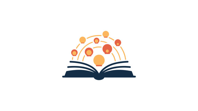 An open book icon with floating glowing spheres representing knowledge and ideas.