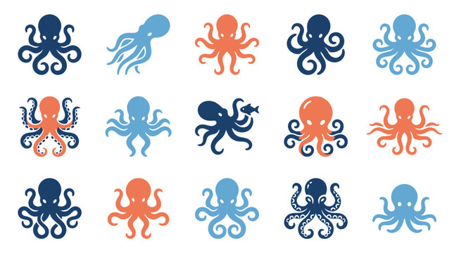 A collection of colorful octopus icons on a white background