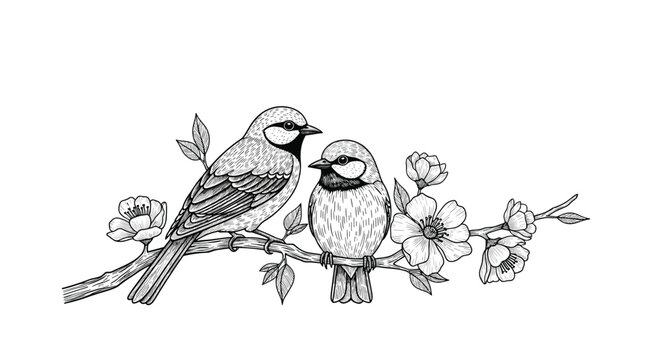 Beautifully detailed black and white ink drawing depicts two small birds perched on a flowering tree branch full of blossoms.