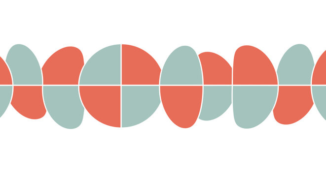 Contemporary geometric pattern uses alternating teal and salmon colored semicircles and ovals for artistic decor and modern textile designs.