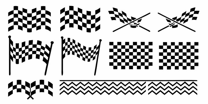 Checkered Flags And Patterns Black And White Vector Illustration