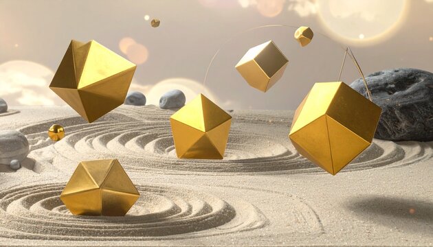 Surreal Scene of Floating Geometric Shapes on Sandy Terrain with Abstract Background