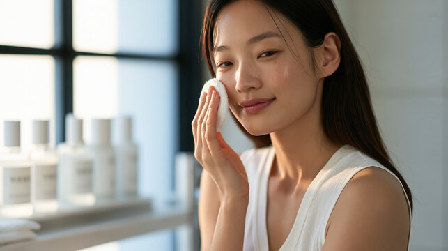 Young Asian woman performing a deliberate multi-step Korean skincare toning routine, pressing an essence-soaked cotton pad across her cheekbone over a bathroom shelf lined with