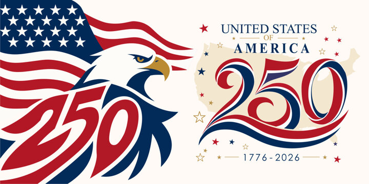 USA 250 years semiquincentennial horizontal banner template. Features a powerful bald eagle graphic, a waving American flag, artistic swirl 250 typography, and a United States map silhouette backdrop.