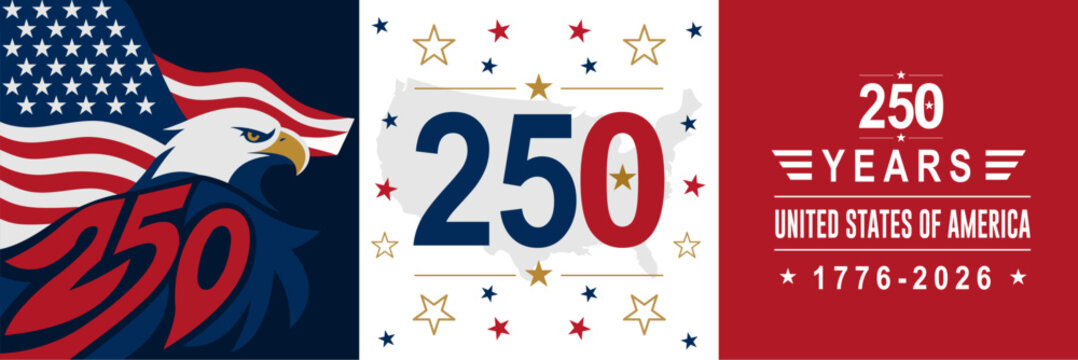 USA 250 years semiquincentennial horizontal banner template. Features a powerful bald eagle graphic, a waving American flag, artistic swirl 250 typography, and a United States map silhouette backdrop.