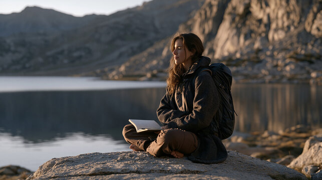 Meditative solo hiker sitting cross-legged on flat rock beside still alpine lake at dawn, journal open on knee, camp mindfulness practice, backcountry journaling ritual, mountain