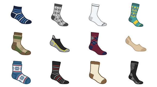 Twelve different colorful socks displayed on a white background