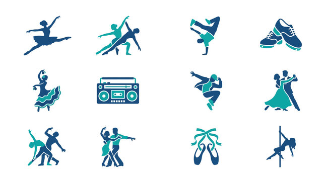 Blue and teal dance icons set on a white background