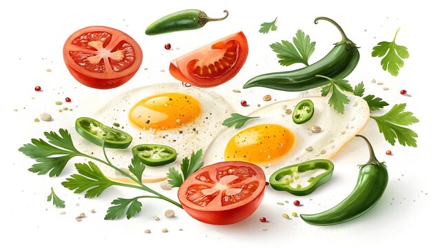 Flying breakfast ingredients illustration with fried eggs, tomatoes, jalape&ntilde;os, and parsley on a white background