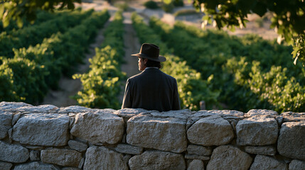 Fototapeta premium Vineyard owner surveying rows of grapevines from a hilltop stone wall overlooking the estate, competitive moat metaphor, agricultural heritage business, summer solstice afternoon