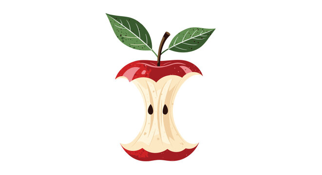 Realistic illustration of a red apple core shows black seeds and green leaves at the top against a clean white background.