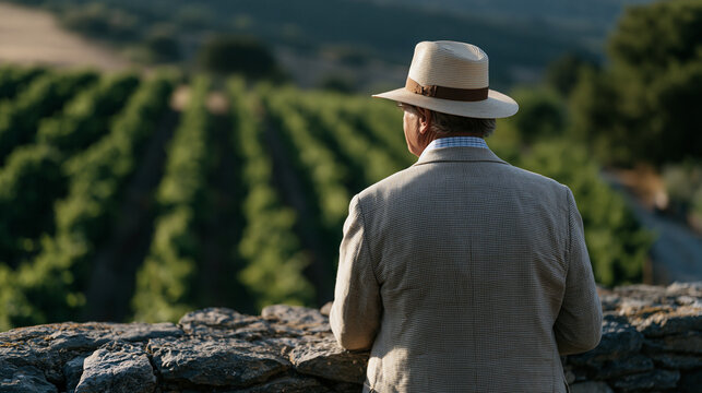 Vineyard owner surveying rows of grapevines from a hilltop stone wall overlooking the estate, competitive moat metaphor, agricultural heritage business, summer solstice afternoon
