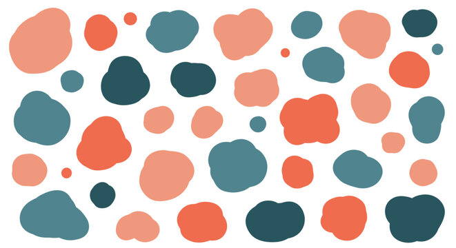 Pattern of abstract organic shapes in coral, teal, and dark blue colors representing biological cells or artistic paint splashes.