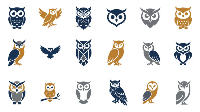 A collection of minimalist owl vector icons on a white background