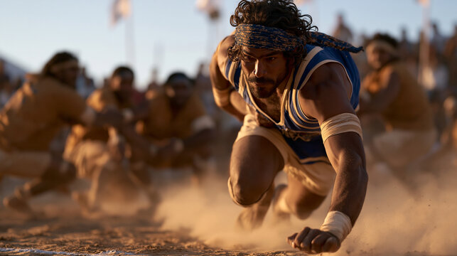 Kabaddi raider holding a single breath and chanting while dodging tackles from seven defenders, lunging for the baulk line, the clay court sending up dust as opponents grab at the