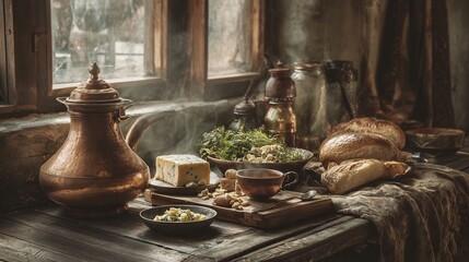 Fototapeta premium Rustic breakfast spread with steaming copper kettle, fresh cheese, artisan bread and green herbs on a weathered wooden table by the window