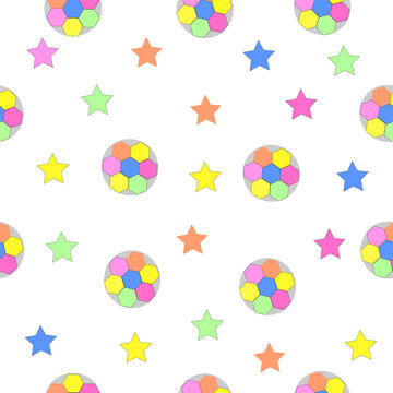 Seamless Kids Pattern with Colorful Stars and Geometric Balls on Light Background
