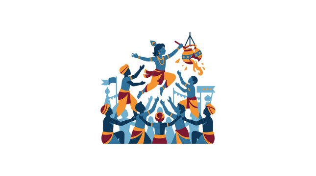 Lord Krishna and his friends forming a human pyramid to break the dahi handi pot.