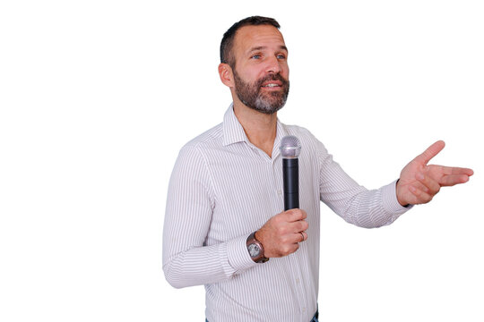 Professional man using microphone, speaking at a seminar, public speaking, coaching, giving a presentation with transparent background