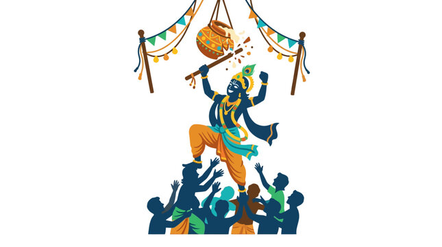 Lord Krishna breaking the dahi handi pot with a group of people forming a human pyramid.