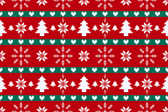 Christmas Ugly Sweater Seamless Pattern with Snowflakes and Pine Trees