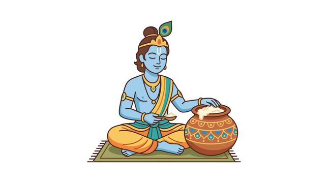 Illustration of Lord Krishna eating butter from a traditional earthen pot.