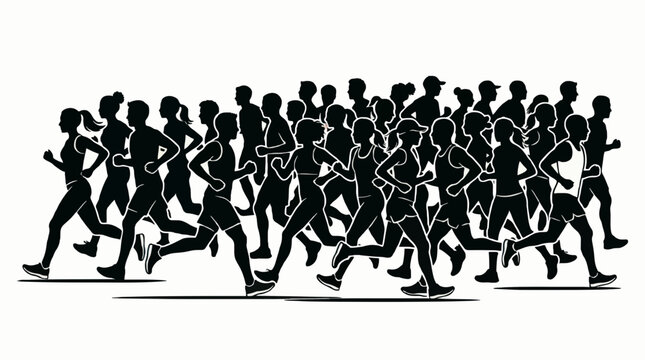 Marathon run. Group of running people, men and women. Isolated vector silhouettes