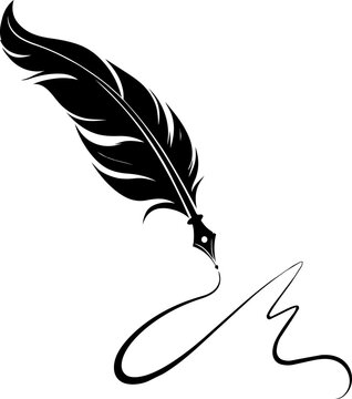 Black feather quill pen on writing