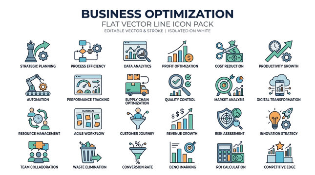 Business Optimization Icons: Strategy, Analytics, Growth, Efficiency, Finance