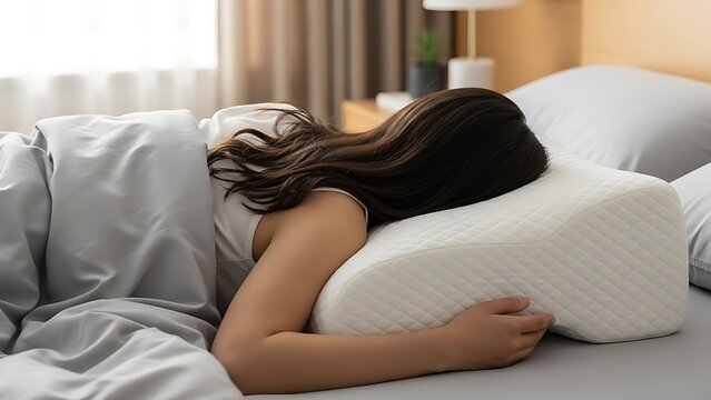 Woman sleeping on a comfortable ergonomic pillow in bed.