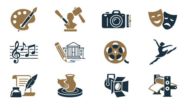 Set of twelve minimalist icons representing various creative arts