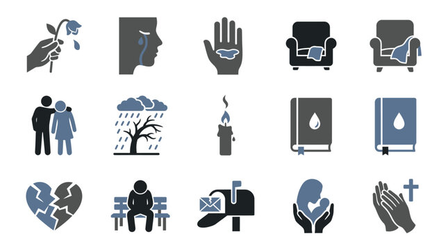 Flat vector icons representing grief, loss and mourning