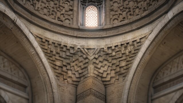 A stone squinch arch supporting a dome inside an ancient mosque.