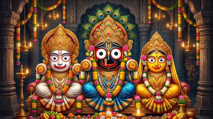 Obraz premium Jagannath rath yatra hindu festival divine idols with traditional jewelry spiritual india devotion culture sacred temple celebration religious festive background