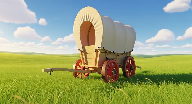 Covered wagon cartoon on a sunny green field under a blue sky